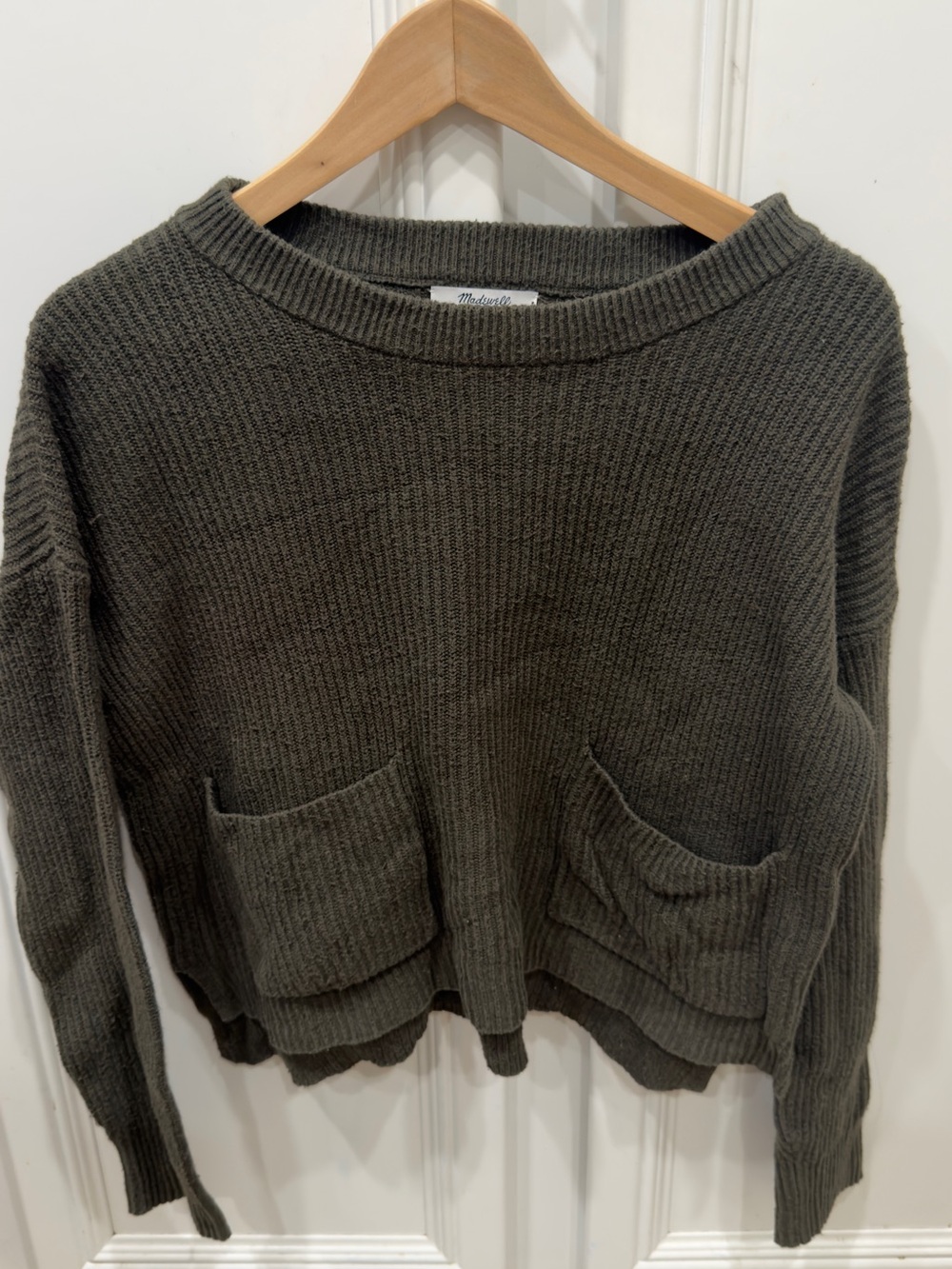 Madewell Cozy Olive Green Knit Sweater with Front Pockets